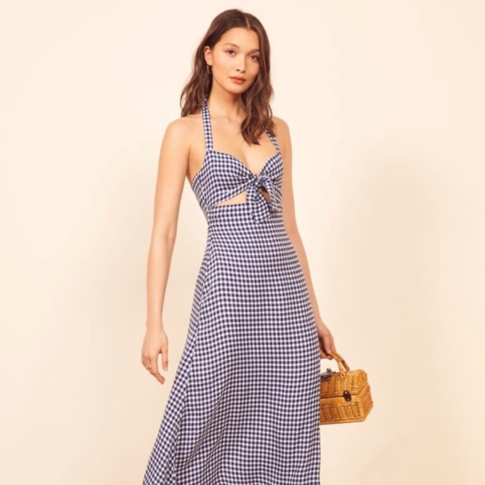 Reformation Monaco blue gingham cutout dress size 12